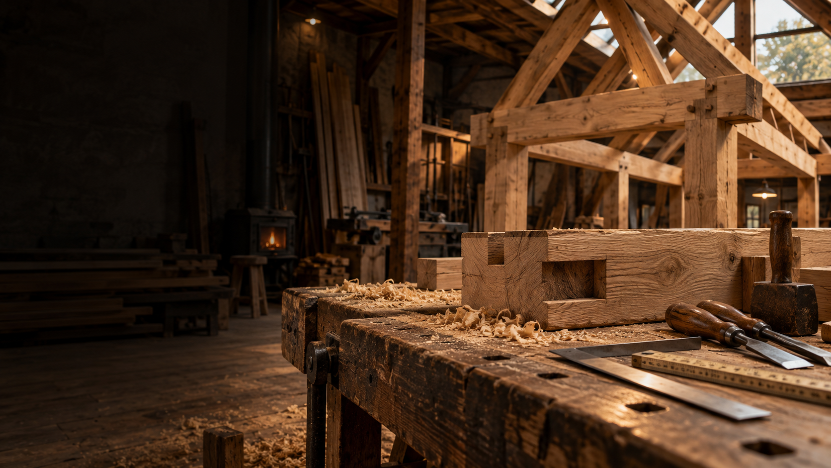 Warme Holzwerkstatt mit Dachstuhl und traditioneller Holzverbindung